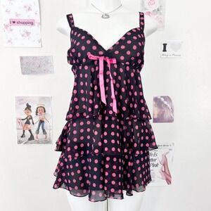Flora Nikrooz Black & Pink Polka Dot Mesh Babydoll Top